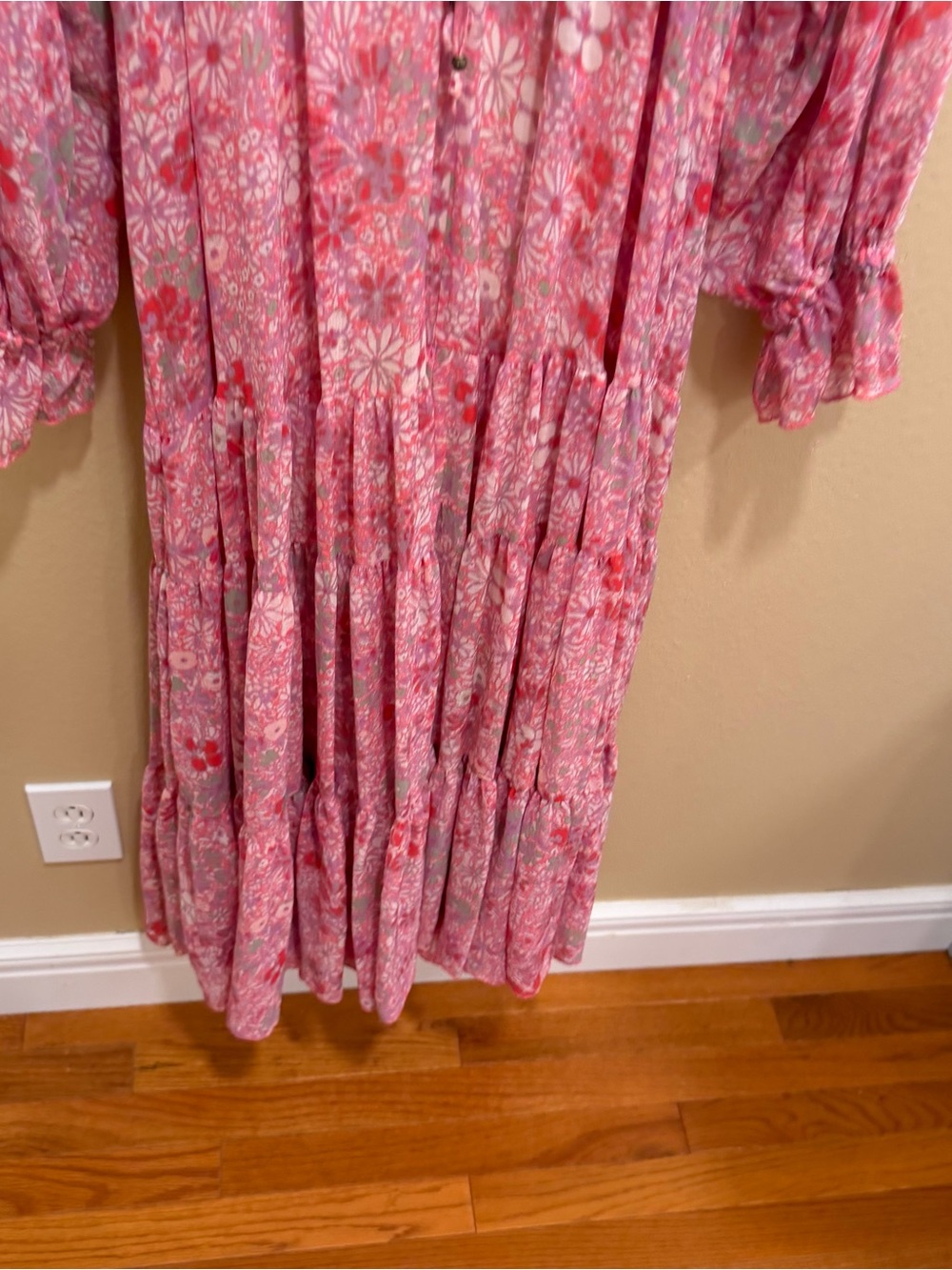Free People Feelin Groovy Long Sleeve Pink Floral Tiered Maxi Dress Large - Picture 10 of 13